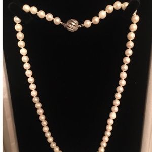 WHITE NATURAL AKOYA PEARL NECKLACE 6.5-7MM 19” W/DIAMOND 14KT GOLD CLASP